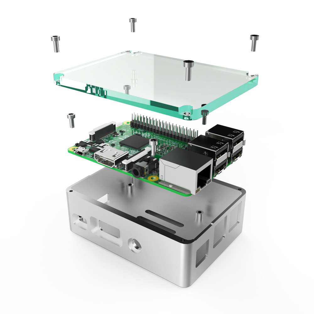 AI-PI-SG-H Silber anidees Raspberry Pi 3 Model B/B Aluminium Unibody Design-Gehäuse extra Höhe mit klarem Acryldeckel 