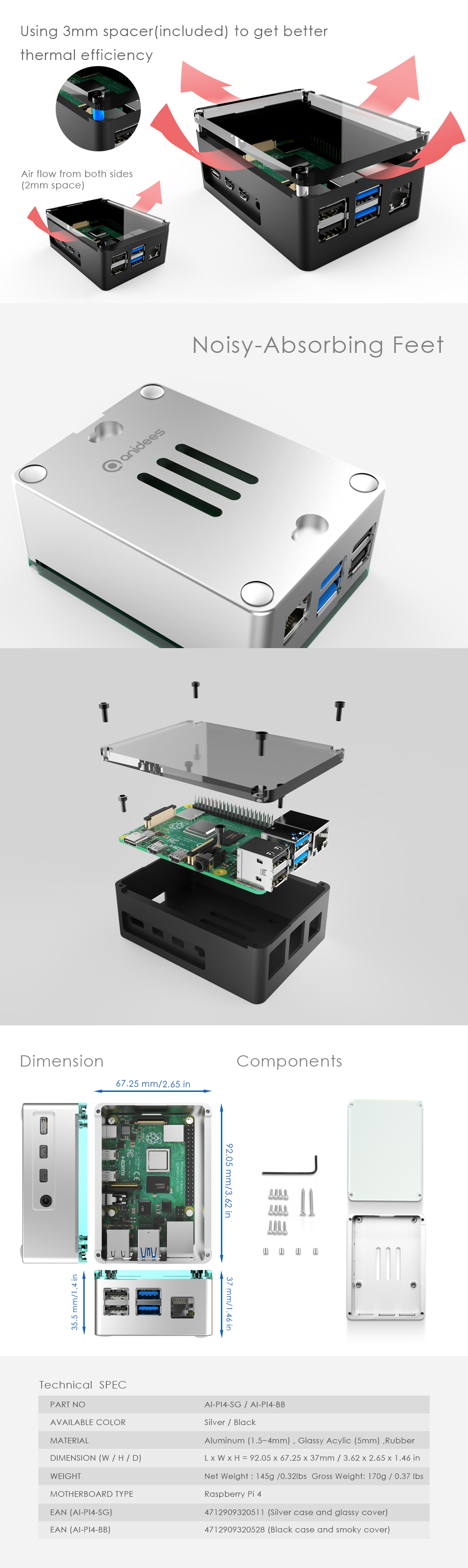 anidees Aluminum Extra High Pi case for Raspberry Pi 4 Model B - Silver